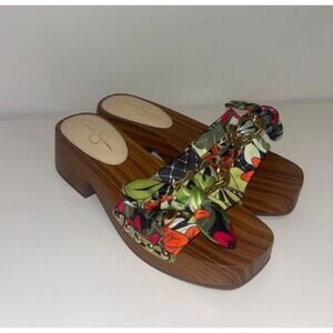 JESSICA SIMPSON Clogs Sz 8 Bow Wooden Chain Lily Jungle Slip On Platform Sandals